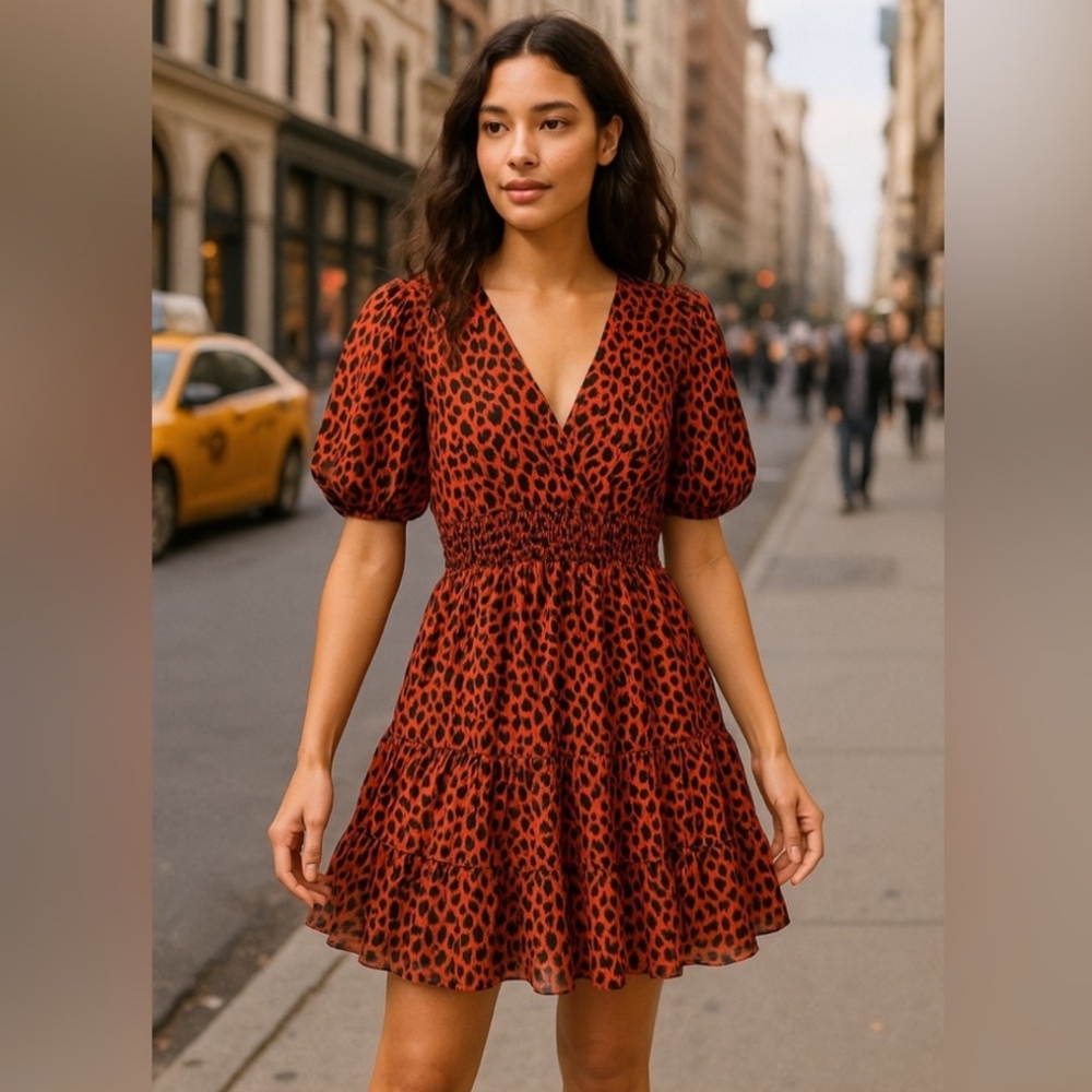 Betsey Johnson Tiered Leopard Print V-Neck Dress.